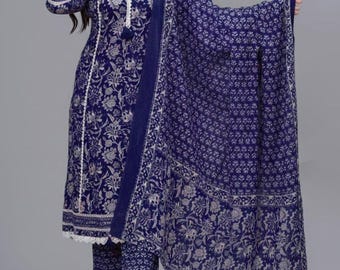 Indigo Floral Cotton Kurta Pant With Dupatta Set, Embroidered Salwar Kameez