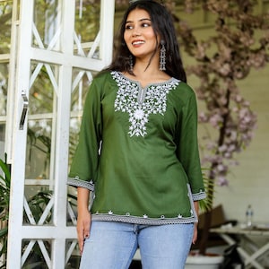 Green Embroidered Cotton Kurti Blouse for Women,Traditional Indian Tunic Top with Intricate Embroidery Top image 1