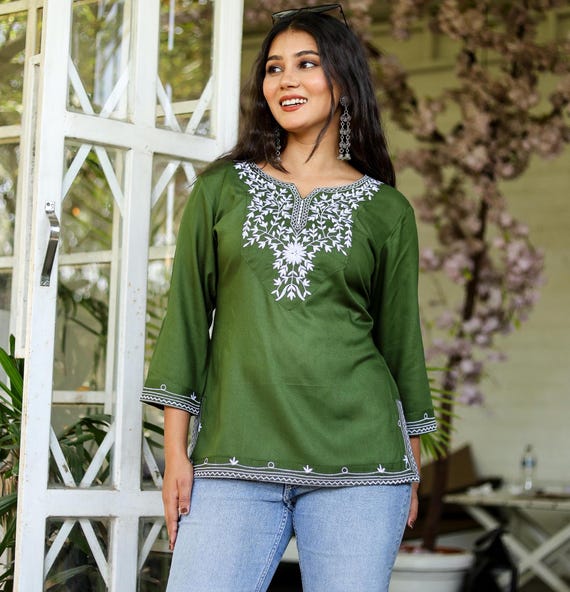 Green Embroidered Cotton Kurti Blouse for Women,Traditional Indian Tunic Top with Intricate Embroidery Top