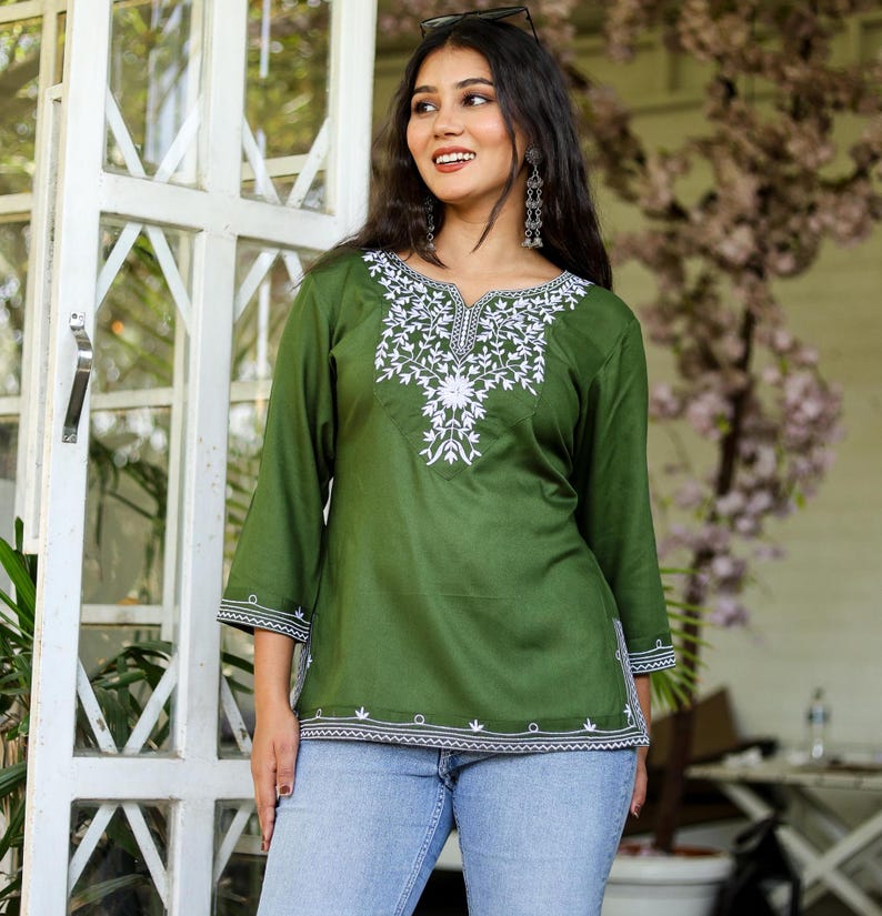 Green Embroidered Cotton Kurti Blouse for Women,Traditional Indian Tunic Top with Intricate Embroidery Top image 1