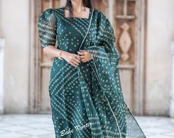 Green Bandhani Kurti Palazzo Dupatta Set, Kota Doriya Indian Suit