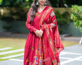Hand Embroidered Khadi Cotton Anarkali Kurti with Pant Dupatta Set