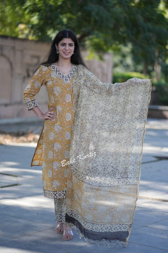 Hand Block Print Cotton Kurti Set, Kota Doriya Dupatta