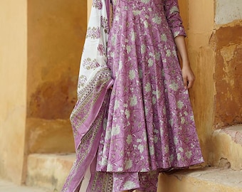Floral Print Cotton Anarkali Kurti Pant With Dupatta Set, Indian Salwar Kameez