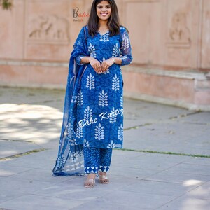 Handmade Indigo Kota Doriya Kurti Set | Block Print Indian Suit image 2