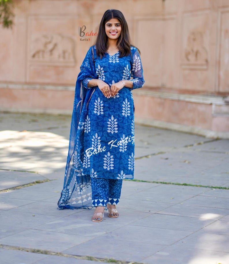Handmade Indigo Kota Doriya Kurti Set | Block Print Indian Suit image 2
