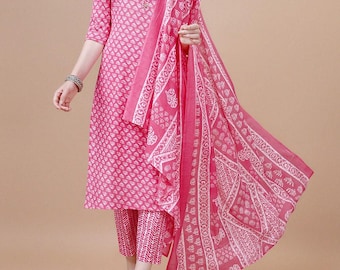 Pure Cotton Floral Printed Kurti Pant Dupatta Set , Women's Party Wear Dress