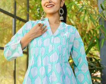 Blue Block Print Cotton Tunic Top – Boho Short Sleeve Indian Kurti