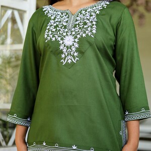 Green Embroidered Cotton Kurti Blouse for Women,Traditional Indian Tunic Top with Intricate Embroidery Top image 8