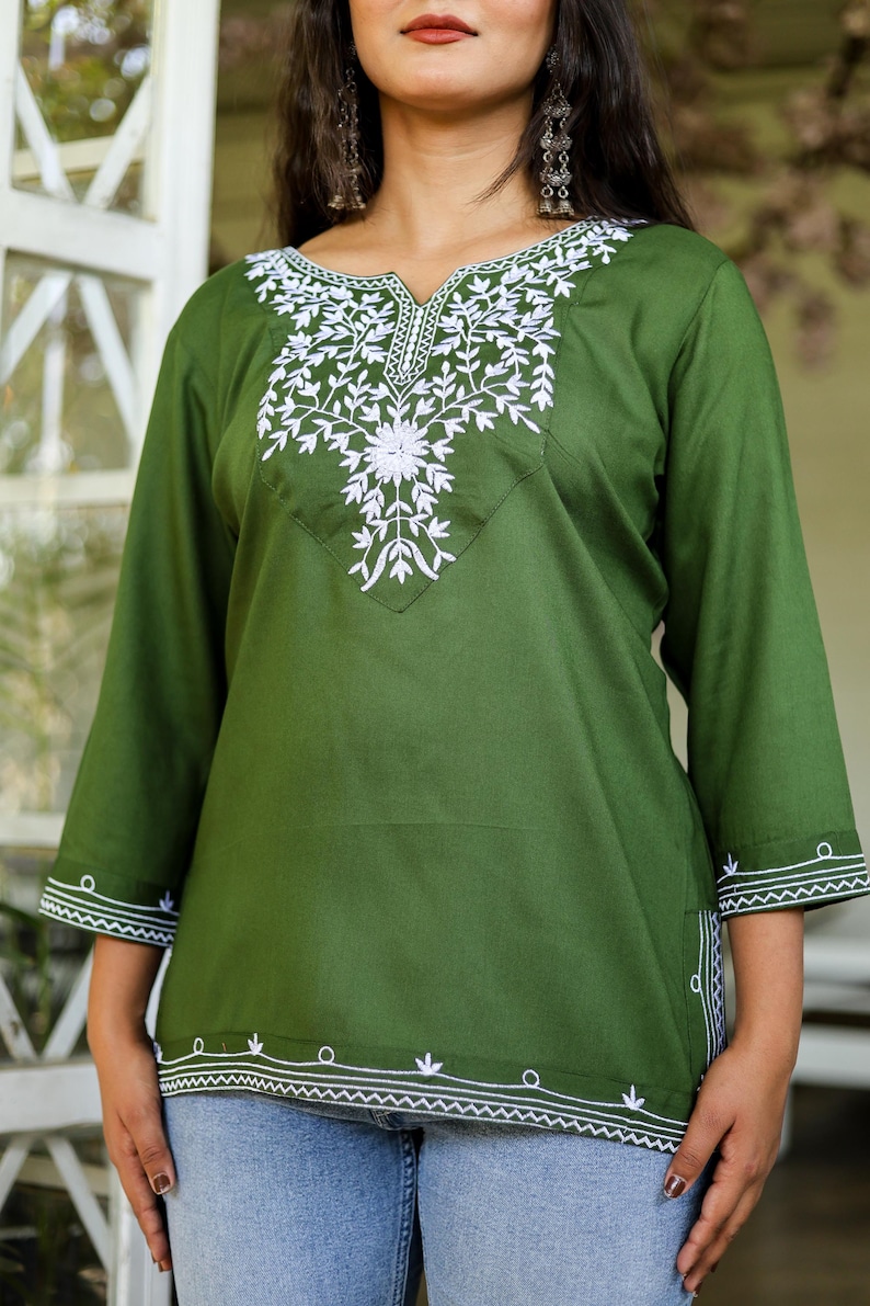 Green Embroidered Cotton Kurti Blouse for Women,Traditional Indian Tunic Top with Intricate Embroidery Top image 8
