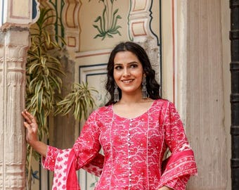 Flower Print Cotton Anarkali Kurta Set: Flared Party Dress