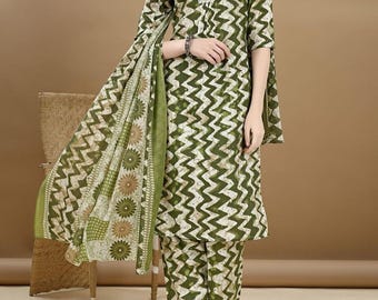 Plus Size Green Floral Print Kurta Pant Dupatta Set,Indian Salwar Kameez