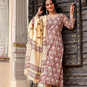 Beautiful designer hand block print cotton kurta pant and dupatta set salwar kameez for women, kurta set women, plus size kurta, dresses