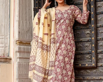 Floral Print Cotton Kurta Pant With  Dupatta Set ,Indian Salwar Kameez