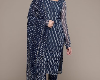 Indigo Printed Kota Doriya Kurti Pant Dupatta Set,ethnic salwar kameez suit