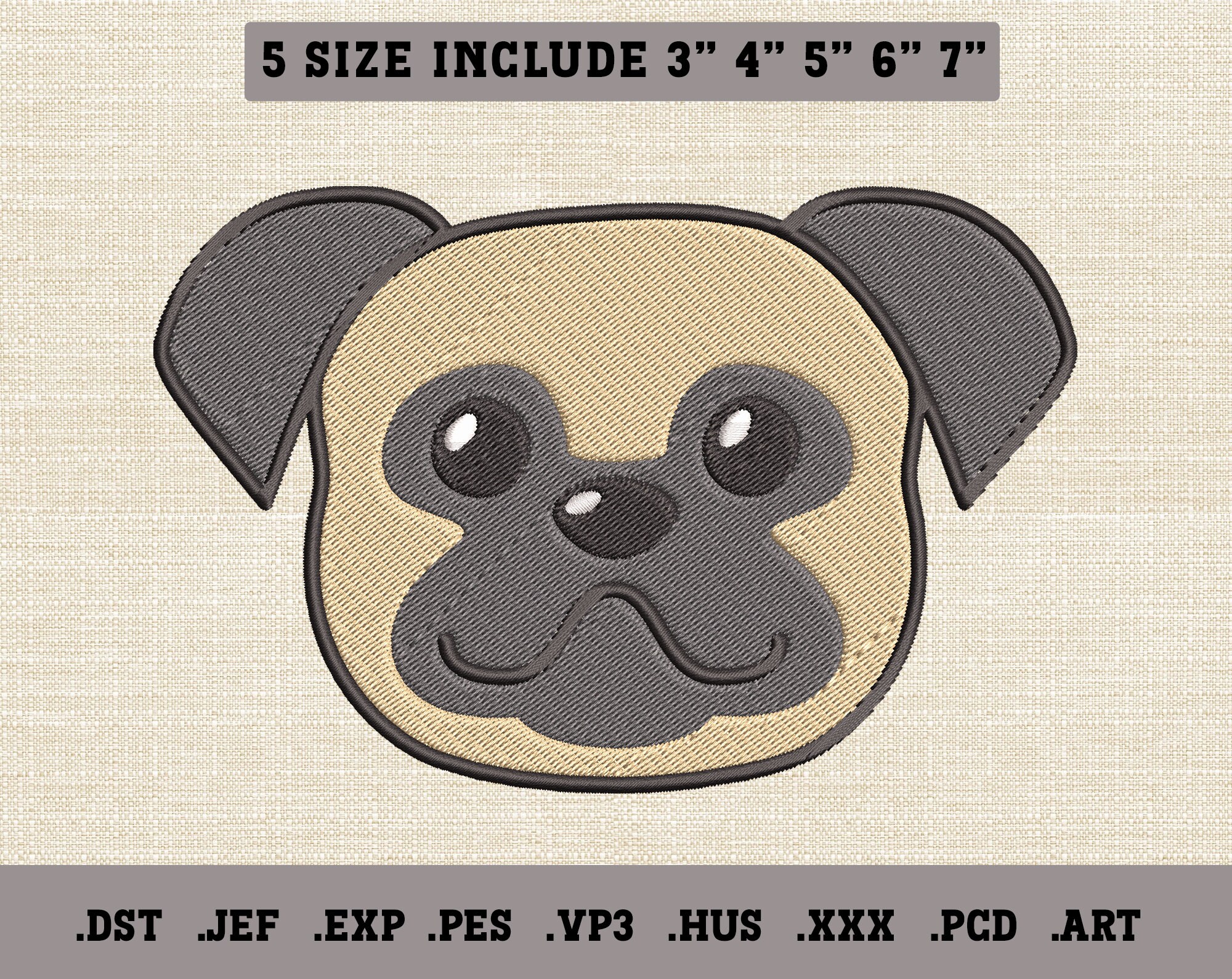 Pug Dog Face Embroidery Design File for Machine Pug Dog Etsy Australia