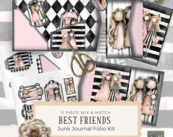 Best Friends Whimsical Girl Junk Journal Folio Kit, Printable, Vintage Crafting Supplies, Digital Download for Journaling