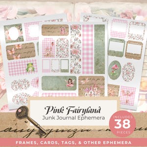 Puede incluir: Un conjunto de 38 piezas de efímeras rosas y verdes para junk journals. La colección "Pink Fairyland" incluye marcos, tarjetas, etiquetas y otros elementos decorativos. Diseños con hadas, flores y patrones de cuadros.