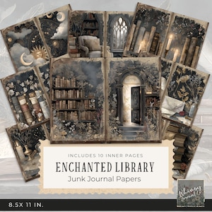 Könnte beinhalten: Eine Sammlung von zehn "Enchanted Library" Junk-Journal-Seiten. Die Seiten zeigen Illustrationen von Bibliotheken, offenen Türen und Himmelselementen. Die Seiten messen 21,59 x 27,94 cm.