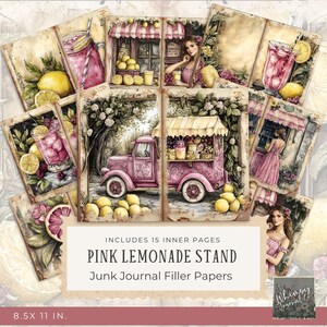 Summer Junk Journal Pages, Pink Lemonade Stand Junk Journal Papers - Lemonade Junk Journal Digitals, Printable Pages,  Digital Download
