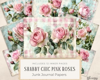 Páginas de diario basura con flores de rosas rosadas: diario basura con rosas rosadas de estilo shabby chic, kit imprimible, descarga digital, materiales para manualidades, archivos JPG de 300 ppp