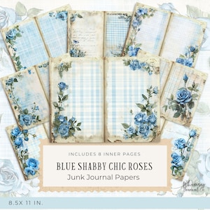 Shabby Blue, Roses, Shabby Chic, Floral Junk Journal, Vintage Junk Journal, Journal Papers, Gingham Papers, Digital Download, Crafting, JPGs