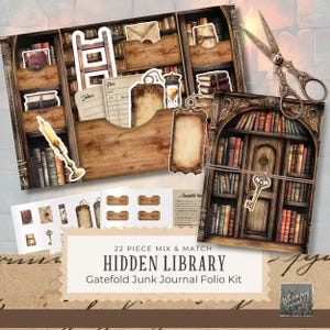 Peut inclure: Un kit de techniques mixtes sur le thème de la bibliothèque. Le kit comprend un folio à rabat, des autocollants et des éléments éphémères. Le texte sur le kit indique "22 Piece Mix & Match Hidden Library Gatefold Junk Journal Folio Kit."