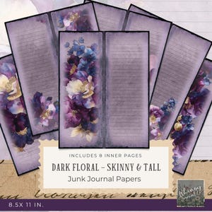 Dark Floral Tall And Skinny Junk Journal Printable - Purple Junk Journal Digitals, Printable Pages Kit, Vintage Digital Download,  300dpi