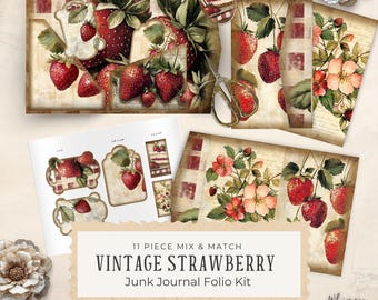 Strawberry Journal Printable Folio - Digital Download Kit, Printable Ephemera, Crafting Supplies for Scrapbooking - Vintage Strawberry
