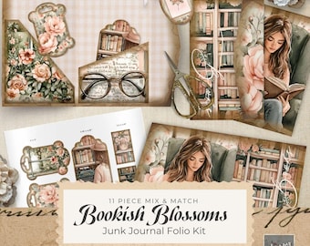 Junk Journal Printable Folio - Vintage Bookish Blossoms - Printable Folio Kit - Digital Download - Book Lover Vintage Ephemera- 300 DPI