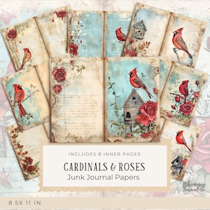 Cardinaux et roses Junk Journal - Numériques Cardinal Bird Junk Journal, Kit de pages imprimables, téléchargement numérique, créations manuelles, PDF, 300 dpi