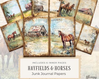 Hayfields and Horses Junk Journal - Horse Lover Junk Journal Digitals, Printable Pages Kit, Digital Download, Crafting, PDF, 300dpi