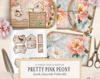 Peony Junk Journal Folio - Vintage afdrukbare foliokit bloemen - digitale download - knutselen - afdrukbare pdf - 300 dpi - hoge kwaliteit