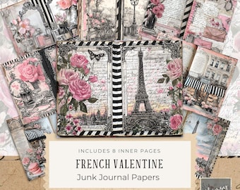 French Valentine Junk Journal Pages, Black and Pink Paris Theme Digital Scrapbook Kit, Printable Crafting Paper for Scrapbooking