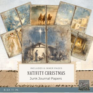 Op de afbeelding: Een set van zes vintage kerst-junk journal pagina's met de kerststal. De pagina's bevatten illustraties van engelen, duiven, de drie wijzen en de kerststal. De pagina's zijn 21,59 x 27,94 cm groot.