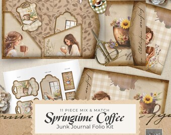 Junk Journal Folio Coffee - Springtime Coffee Printable Folio Kit Floral - Digital Download - Coffee Junk Journal Ephemera- 300 DPI  Quality
