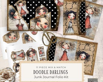 Doodle Darlings Folio Kit - Whimsical Girls Junk Journal Folio Kit, Printable, Vintage Crafting Supplies, Digital Download, Ephemera