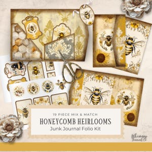 Bee Folio - Honeycomb Heirlooms Junk Journal Folio Kit, Printable, Vintage Crafting Supplies, Digital Download for Journaling - Vintage Bee