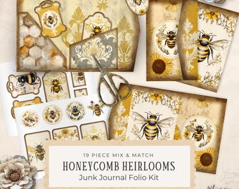 Bee Folio - Honeycomb Heirlooms Junk Journal Folio Kit, Printable, Vintage Crafting Supplies, Digital Download for Journaling - Vintage Bee