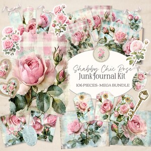 Shabby Rose Junk Journal, Pink Rose Junk Journal Ephemera, Digital Download, Shabby Chic Junk Journal Papers,  Craft Supplies, Printable