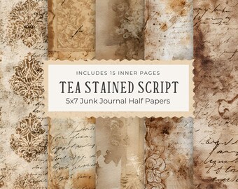 Tea Stained Junk Journal Half Pages - Vintage Script Filler Scrapbook Paper - 5x7