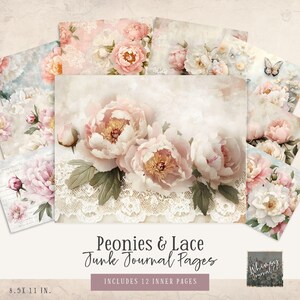 Peonies and Lace Wallpaper Junk Journal Papers - Vintage Peony Junk Journal Collage Pages - Digital Download - Crafting - Printable