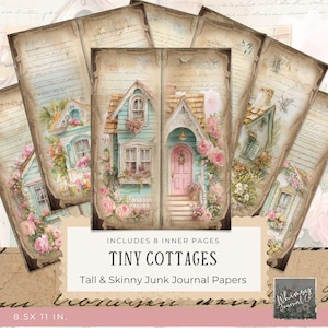 Puede incluir: Conjunto de ocho páginas de diario vintage con ilustraciones de acuarela de pequeñas casas de campo. Las páginas miden 21,6 x 27,9 cm y presentan el texto "TINY COTTAGES" y "Tall & Skinny Junk Journal Papers".