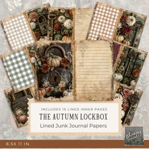 Puede incluir: Un conjunto de papeles de diario de estilo vintage con temática otoñal. Las páginas presentan ilustraciones de calabazas, llaves y flores, con páginas rayadas y estampadas. El texto de la imagen dice "The Autumn Lockbox" y mide 21,6 x 27,9 cm.