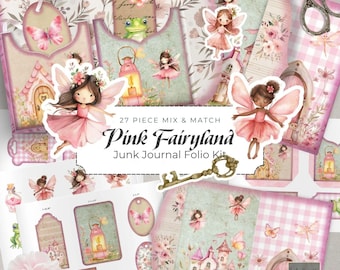 Barnens skräpjournal-kit med älvor - Rosa älv-folio-kit för trädgård - Digital nedladdning - Hantverk - Utskrivbar PDF - 300 DPI - Hög kvalitet