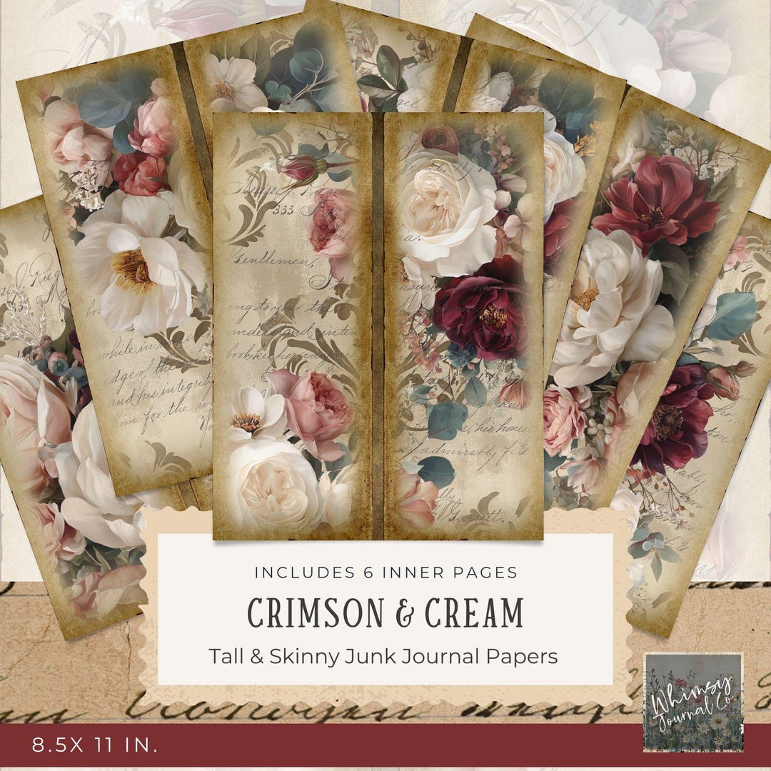 Crimson & Cream Tall and Skinny Junk Journal Printable - Vintage Floral ...