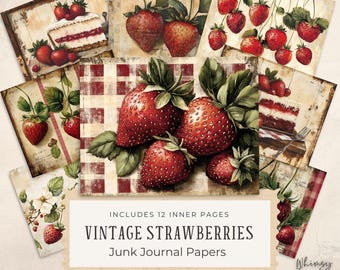 Imprimibles de Strawberry Junk Journal: papeles vintage de Strawberry Junk Journal, páginas dobles, Summer Junk Journal, materiales para manualidades, archivos JPG de 300 ppp