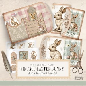 May include: A 14-piece vintage Easter bunny junk journal folio kit with a mix and match design. The kit includes a variety of cards, tags, and envelopes featuring bunnies, flowers, and gingham patterns. The text "Happy Easter" is featured on one of the cards.
