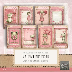 Könnte beinhalten: Eine Sammlung von acht Junk-Journal-Papieren zum Valentinstag. Jede Seite zeigt ein rosa-rotes Design mit Illustrationen von Fröschen, Herzen und einem Mädchen. Der Text lautet "VALENTINE TOAD Junk Journal Papers", die Abmessungen sind 21,59 x 27,94 cm.