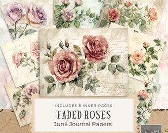Faded Pink Roses Junk Journal Pages,Digital Scrapbook Paper, Printable Crafting Paper for Scrapbooking